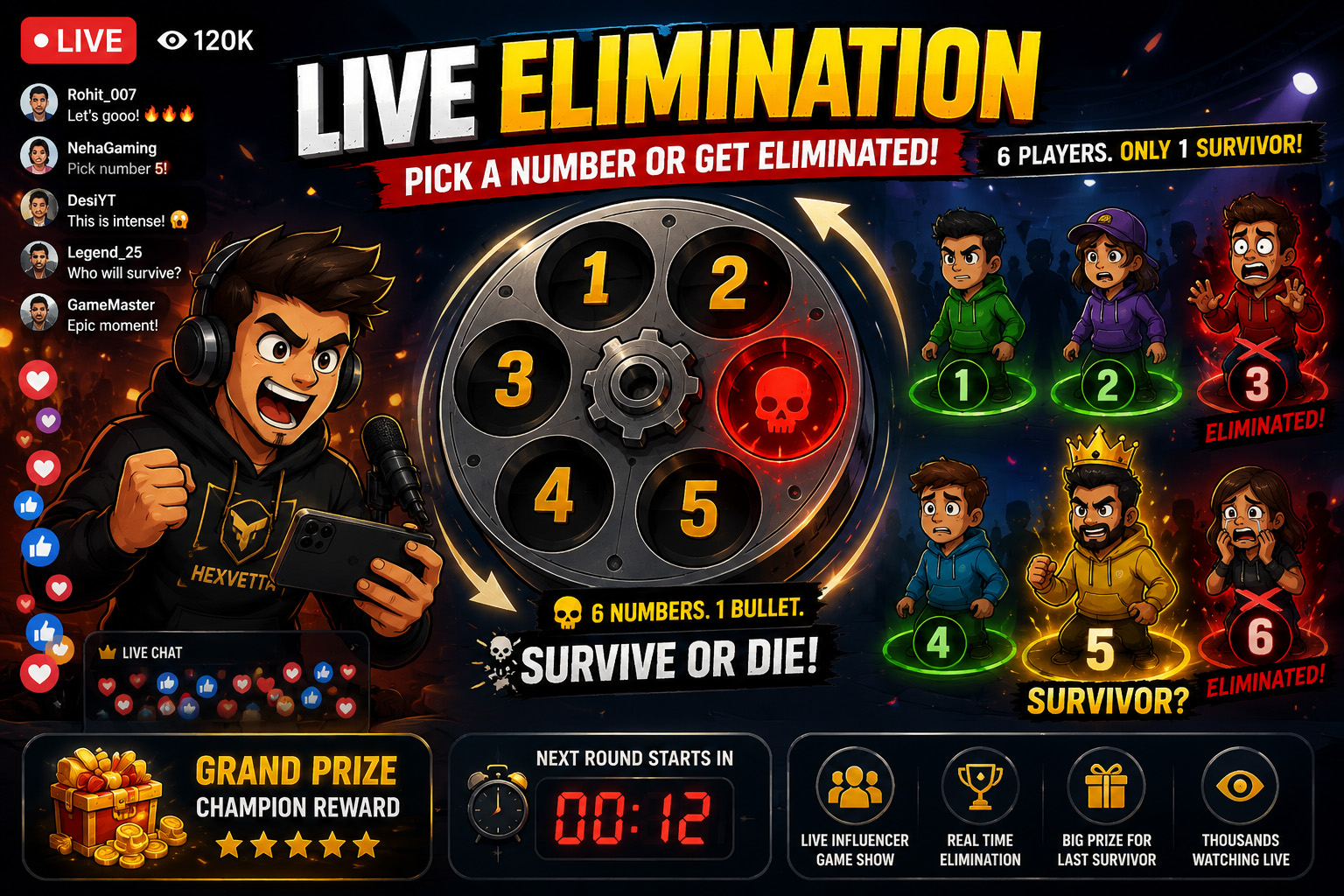 Live Elimination — pick a number each round to survive