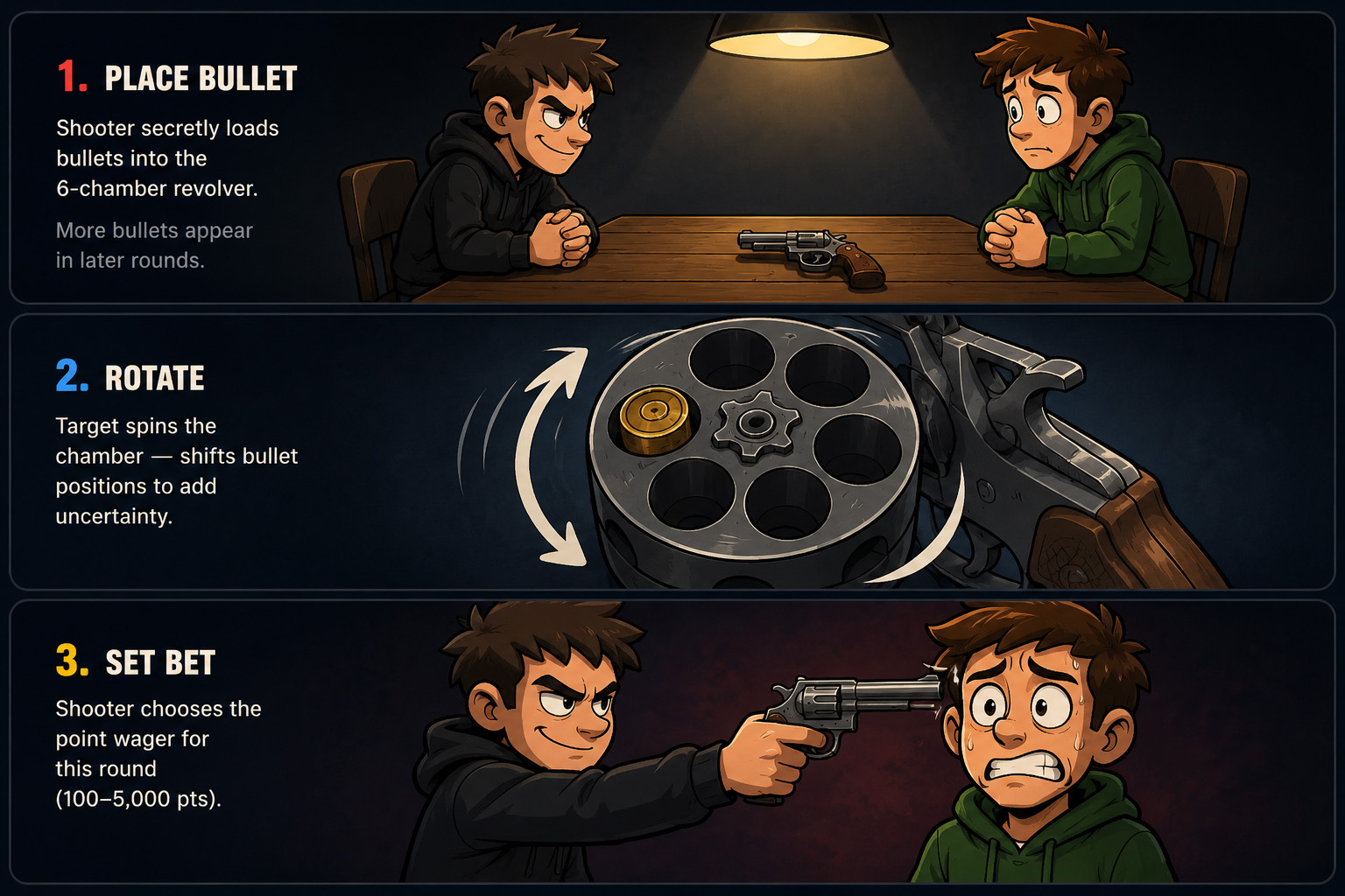 1v1 game rules — Spin the Wheel, Set Points, Survive